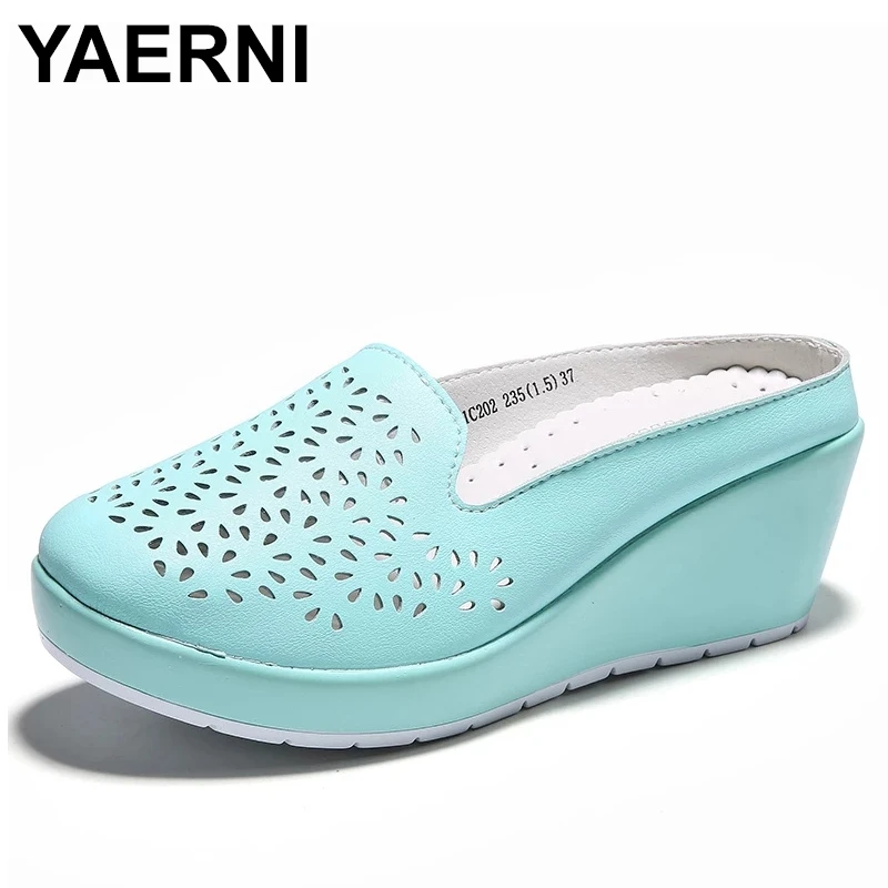 YAERNI Summer Woman Flip Flop Hollow Out Baotou Sandals Cowhide Embroidered Single Shoes Slope Heel Thick Bottom Light Women\'s