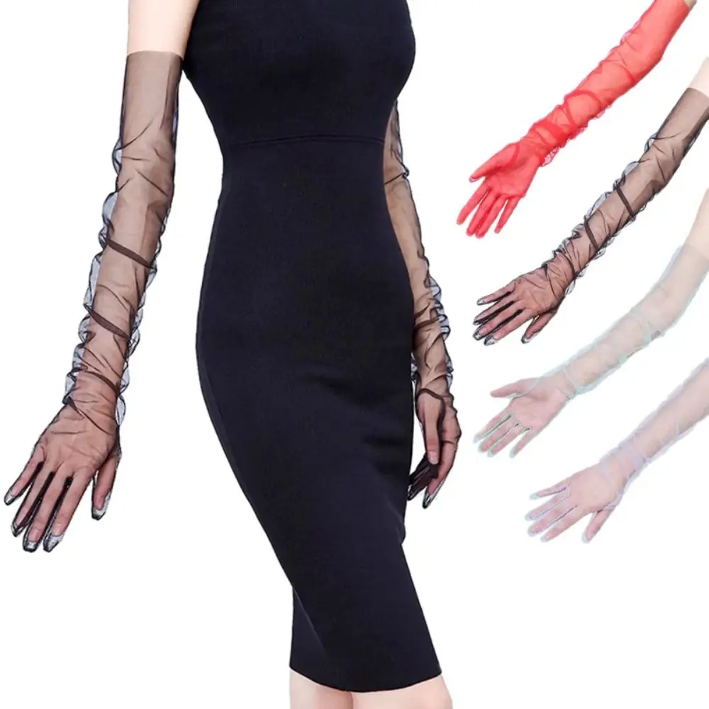 Fashion 70cm Long Sheer Gloves Ultra Thin Stretchy Tulle Gloves Full Finger Mittens Party Dress