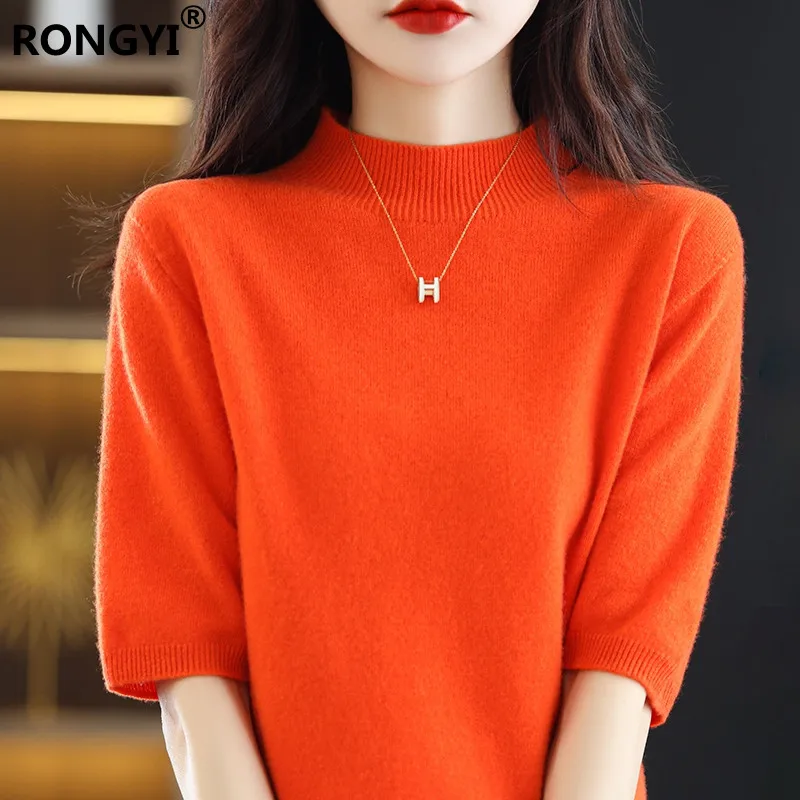 RONGYI Seamless Cashmere Sweater Knitted Women\'s Clothing 100% Pure Wool Short-Sleeved 2022 Spring Five-Quarter Sleeve  Pullover