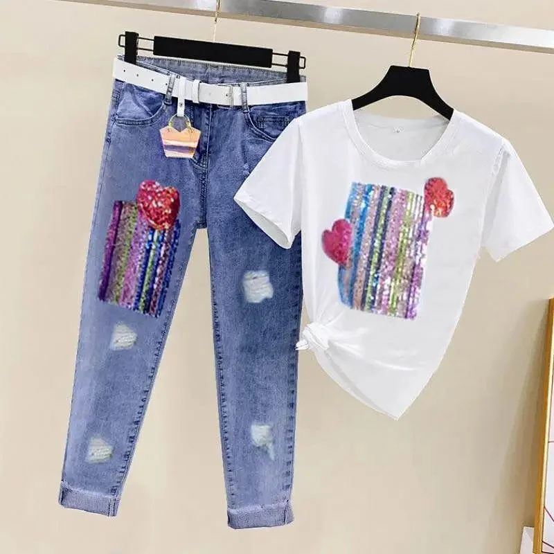 Short-Sleeved T-Shirt+Ripped Jeans Fashion Denim Suit Women's Summer New Age-Reducing Thin Slim Leisure Printing Two-Piece Suit