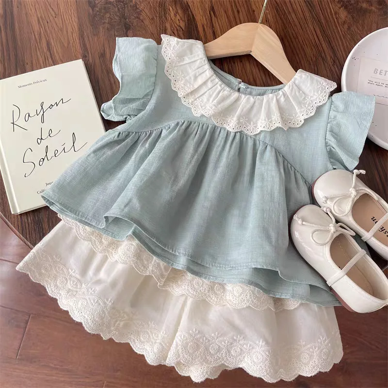 2025 Summer Girls Clothing Set Korean Style Lace Doll Collar Flying Sleeves T-shirt+Shorts 2Pcs Suit For 3-8Y Girls Fashion S