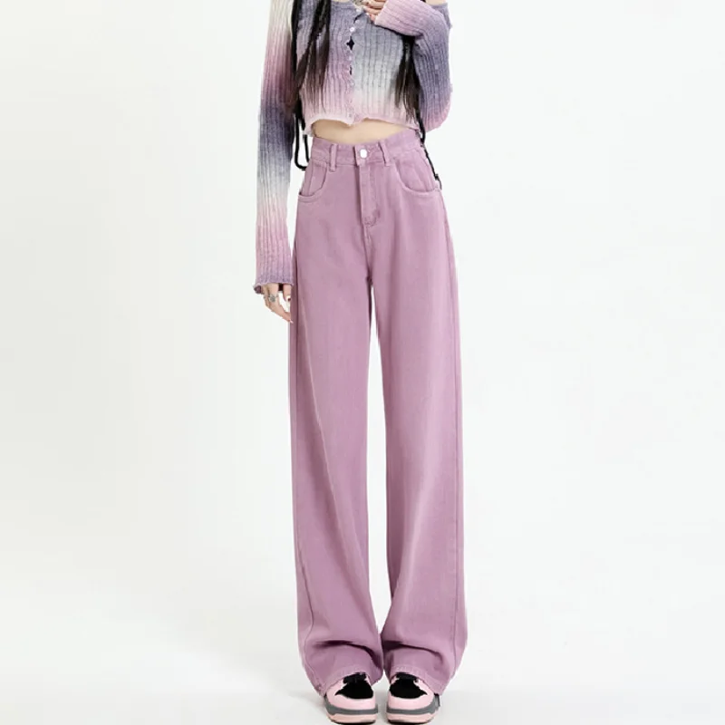 

Hot Selling Sweet and Fresh Purple Pink Wide Leg Denim Pants for Women Loose Fit and Slimming High Waisted Straight Leg Mop Pant