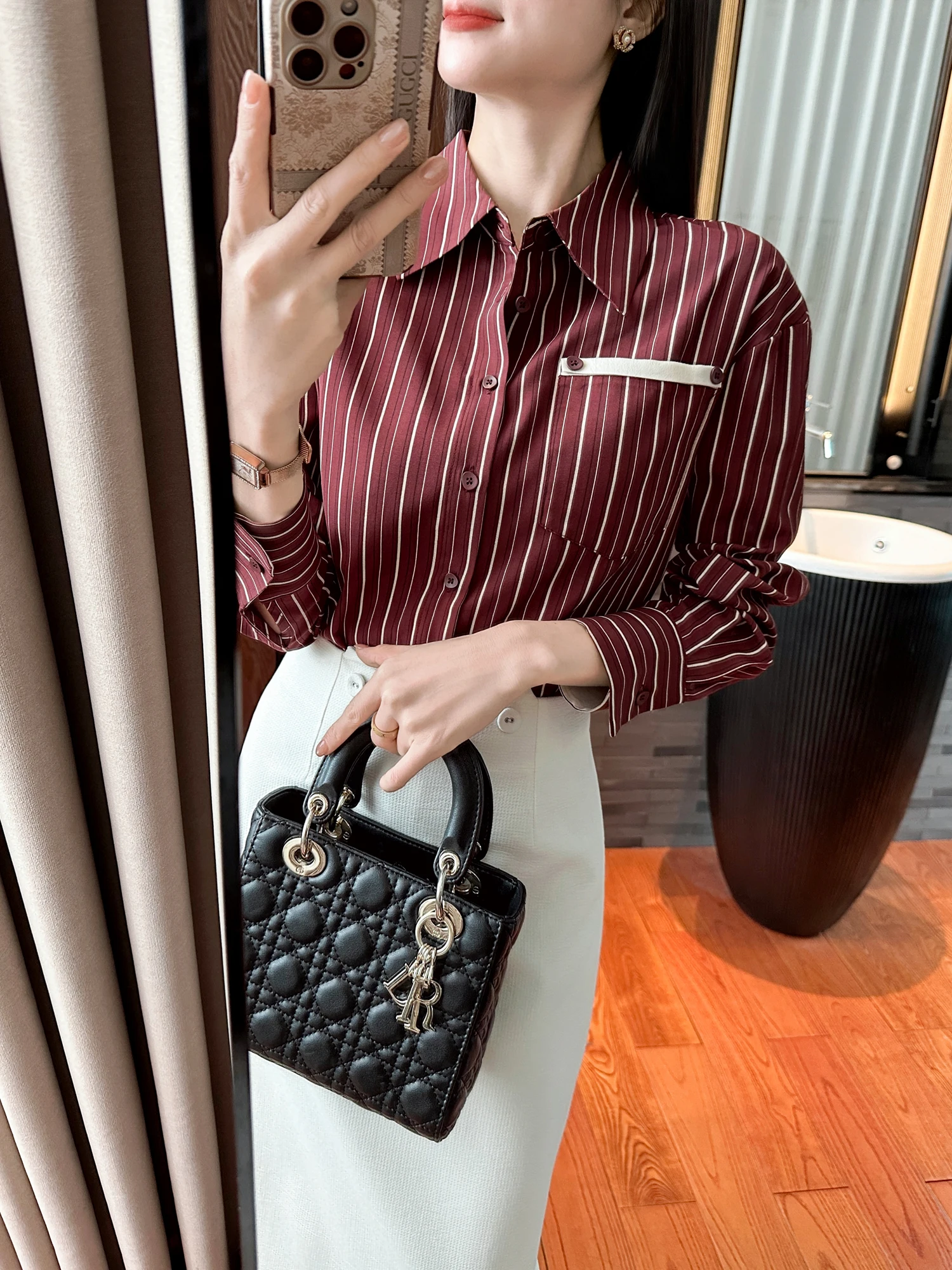 

Red Collar Striped irt Women's Slim Fit Commute Sle Breathable Long Sve Casual irt Korean Version YOU SEE