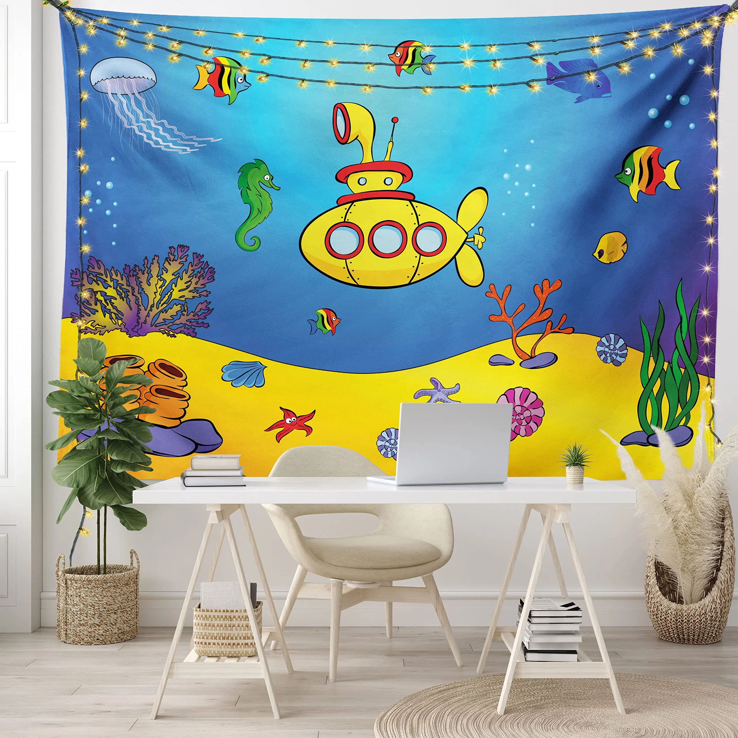 Cartoon Yellow Submarine Tapestry Wall Hanging Underwater World Decor Wall Tapestry Cute Sealife Wall Art for Bedroom Livingroom