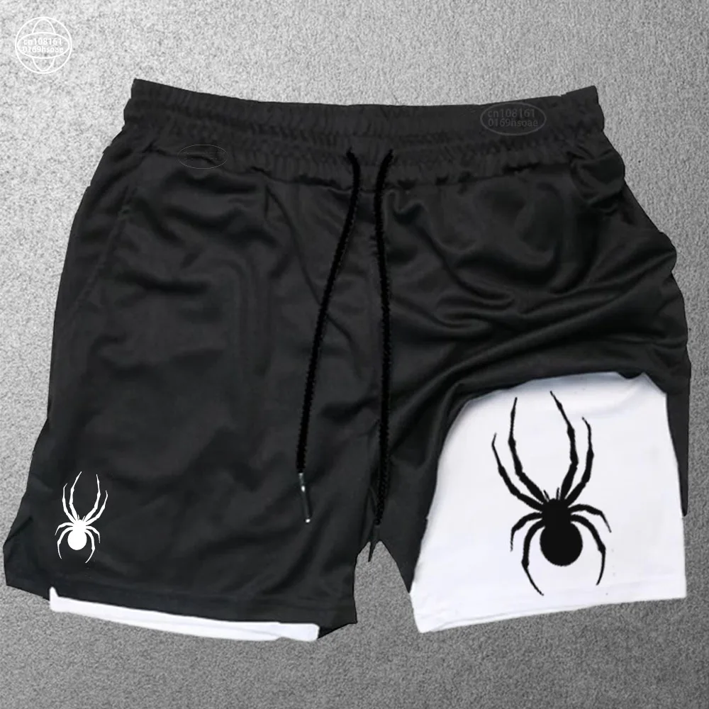 Spider Print Running Shorts Men Gym Sports Shorts 2 In 1 Quick Dry Workout Training Gym Fitness Jogging Short Pants Summer