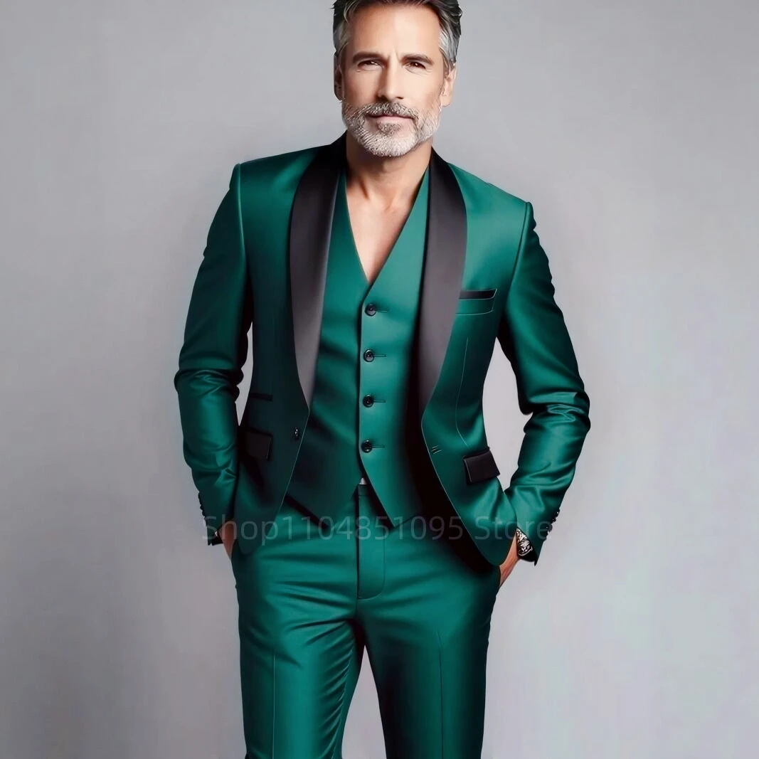 

New Men Groom Tuxedos Business Slim Fit Solid Formal Wedding Suits 3 Pcs Set Dress Shawl Lapel One Button Blazers Vest Pants