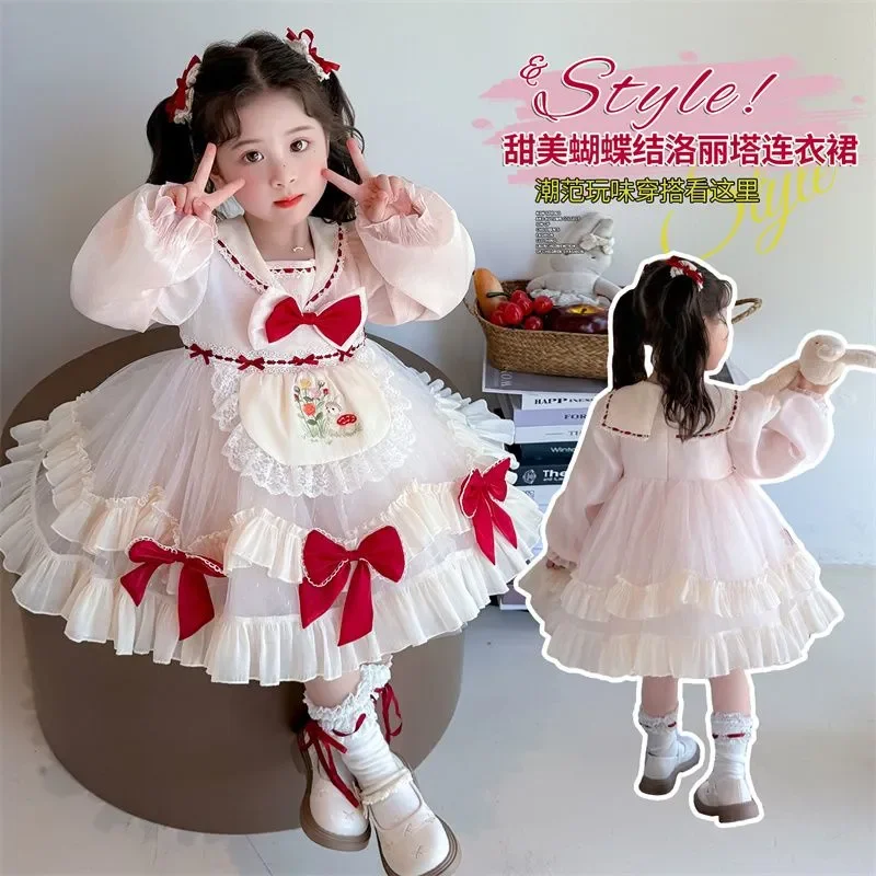 

Летнее розовое кружевное платье принцессы в стиле Лолиты для маленьких девочек, милое кружевное платье с цветочным принтом, детская одежда для дня рождения, праздника, Ид