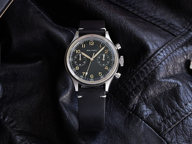 Baltany S5054 Pilot Chrono Quarzuhren, schnelles Zurücksetzen, drehbare Lünette, geriffelte Lünette, Vintage-Retro-Stil, Saphirglas mit Lume – Detail 6