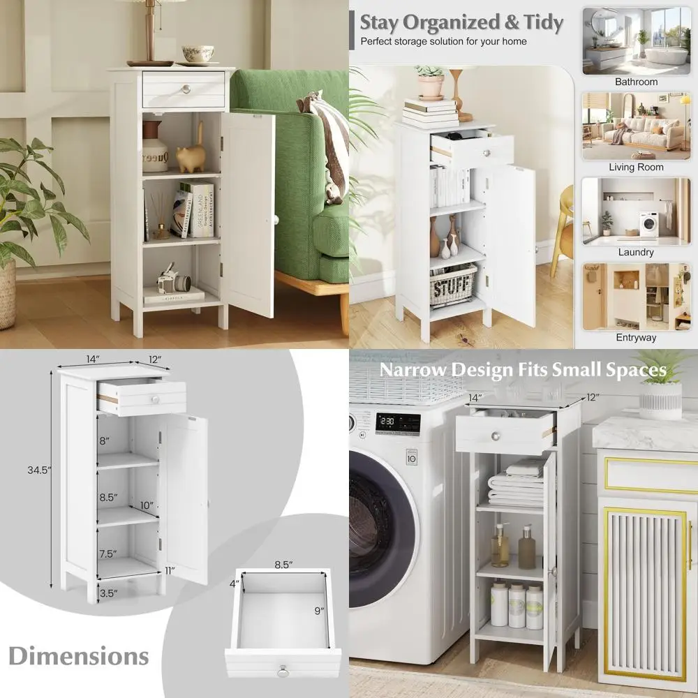 

Narrow Wooden Storage Cabinet with Drawer and Adjustable Shelves, 14L Free-Standing Unit for Small Spaces, White