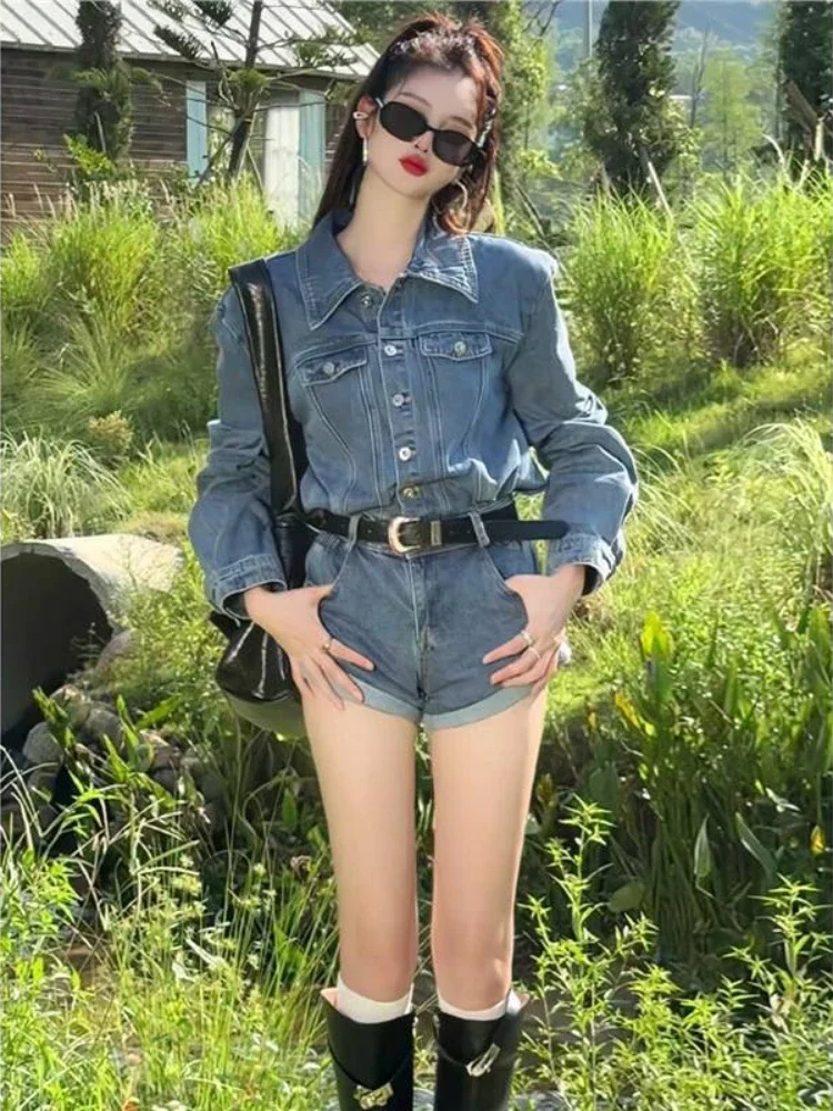 Fashion New Women Denim Jumpsuits Long Sleeve High Waist Slim Shorts Jeans Korean Rompers All Match Female Clothing PlaySuits