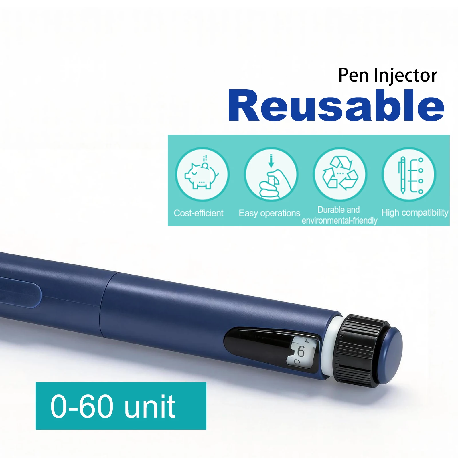 0-60 Unit Reusable Pen Injector Adjustable Dose Dial,Compatible with 1.5/1.8/3mL Cartridges,1pcs
