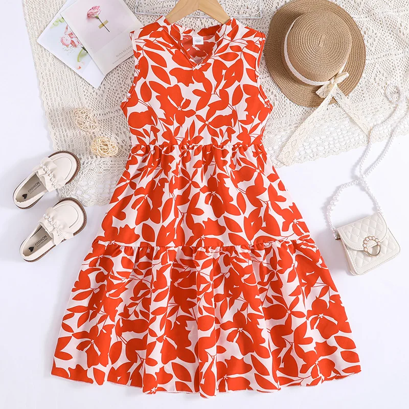 Fashion For 8-12Ys Kids Outfit Summer Vintage Orange Retro Print Cute Floral Print Daily Casual Holiday Vacation Party Dress