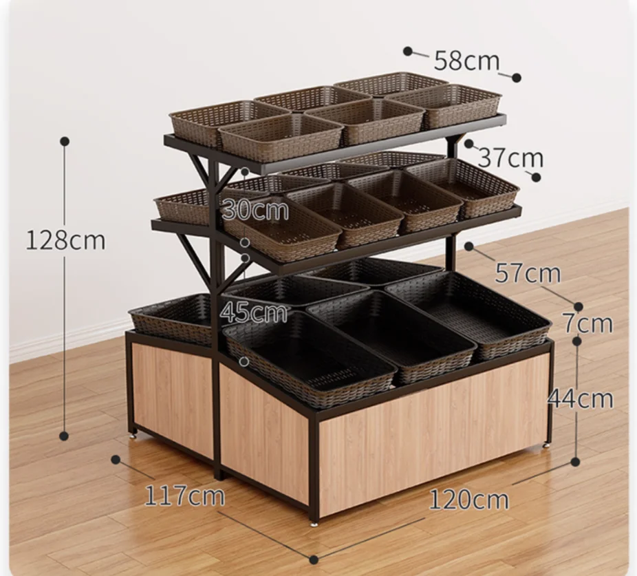 Fresh supermarket fruit and vegetable shelves fruit store fruit and vegetable shelves double-sided display rack vine basket fram