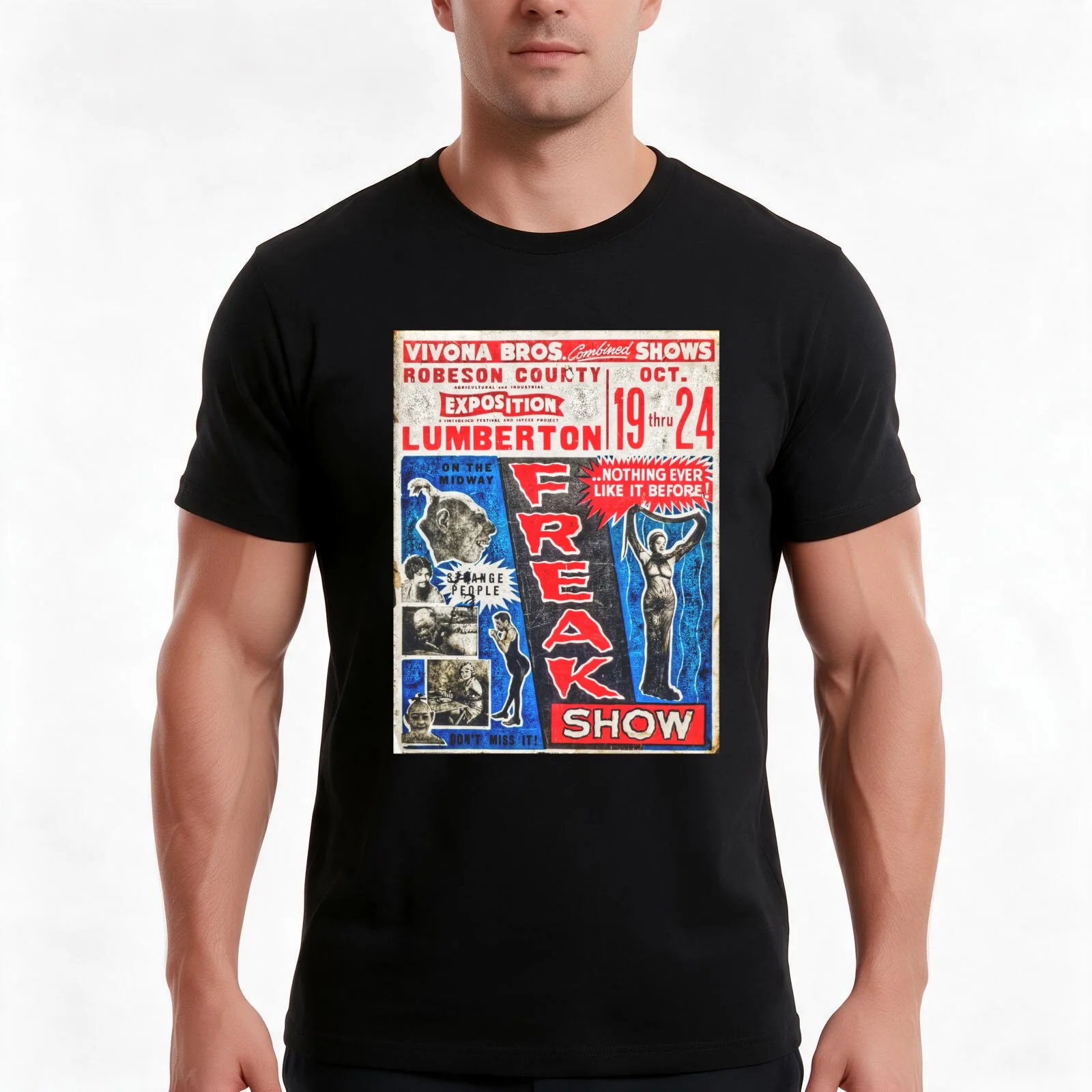 Lumberton Freak Show T-Shirt, Summer Casual Cotton Tee, Oversized Streetwear Tops, Vintage Graphic Print, Loose Fit Short Sleeve