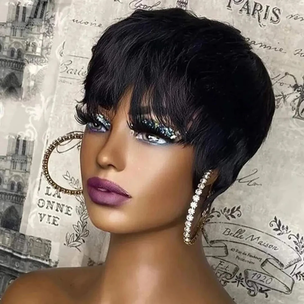 Perruque Pixie Cut de 6 pouces, perruque Bob en cheveux humains entièrement fabriquée à la machine, perruque sans colle, avec frange, adaptée au jeu de rôle quotidien des femmes. Porter et utiliser.(B Perruque Pixie Cut de 6 pouces, perruque Bob en cheveux humains entièrement fabriquée à la machine, perruque sans colle, avec frange, adaptée au jeu de rôle quotidien des femmes. Porter et utiliser.(B
