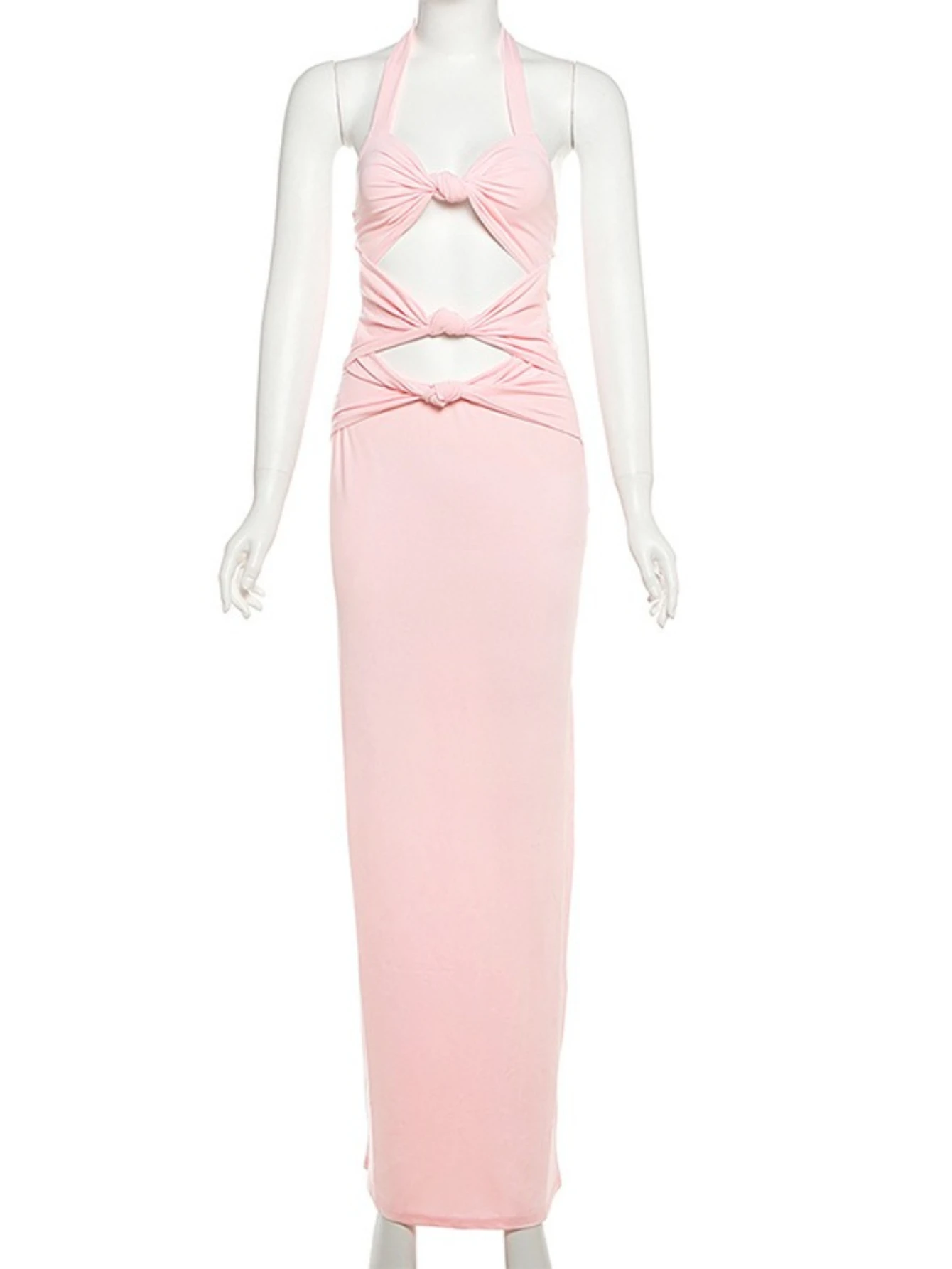 ソリッドカラーのホルターネックカットアウトドレス、セクシーでエレガントなツイストデザイン