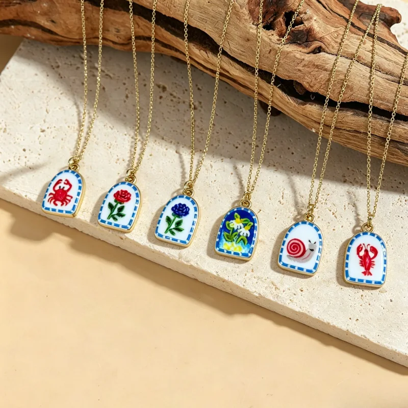 New arched lobster, snail, crab, flower painted oil drop pendant, premium non-fading necklace.