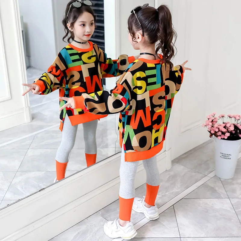 2024 girls clothes autumn winter sweatshirt t-shirt hoodie + stretch pants leggings toddler cotton teens child 8 9 10 11 12 year