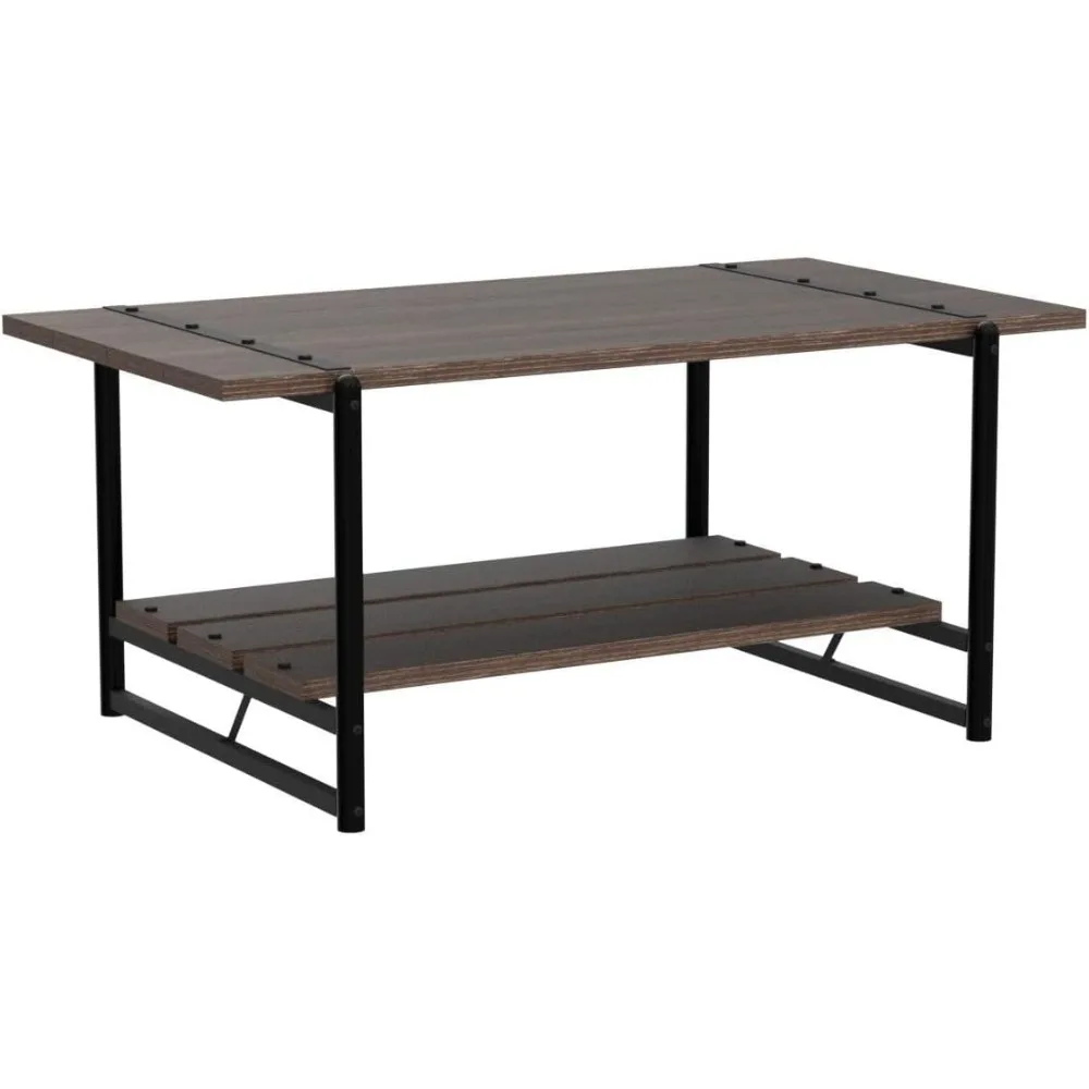 2-Tier Modern Industrial Large Wood Coffee Table with Storage Shelf - Rustic Metal Rectangle