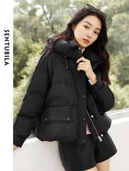 SENTUBILA Women's Black Hooded Crop Puffer Jacket 2024 Winter Elegant Short Down Coats Windproof Warm Zipper Outwear W44Y58471X