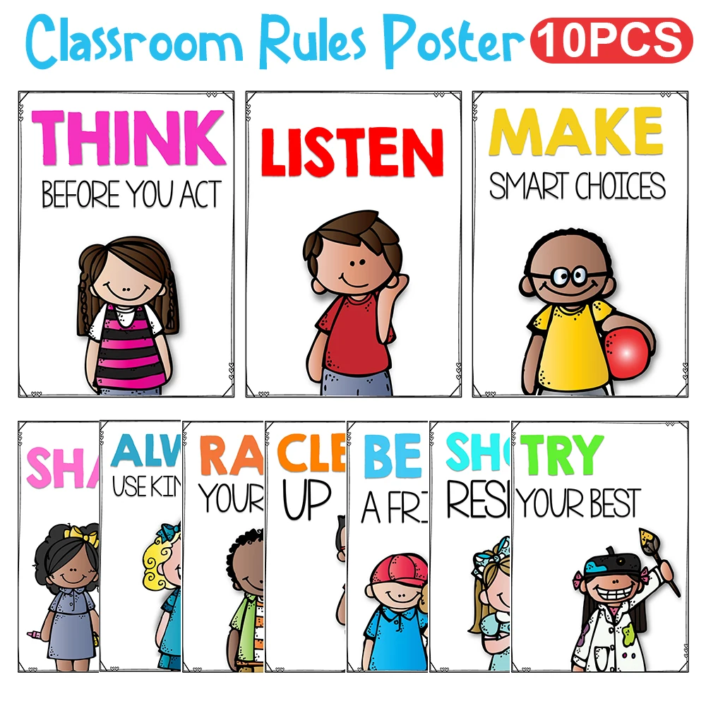 10 PCS English Classroom Rule Posters Class Management school Kindergarten kid room wall Decoration Teaching Aids Waterpoor