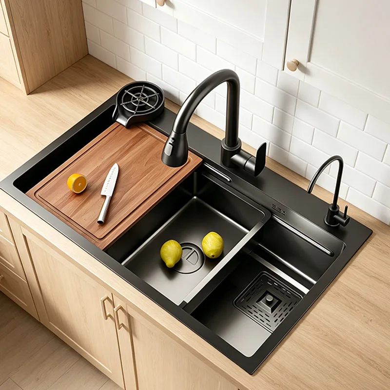

60X45cm 80X45cm Large Single Slot SUS304 Stainless Steel Waterfall Kitchen Sink Faucet Set Soap Dispenser/Pure Water/Cup Washer