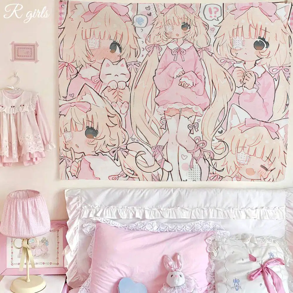 New Japanese Cute Cartoon Girl Tapestry Sweet Aesthetic Wall Hanging for Bedroom Room Decor