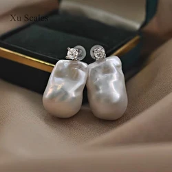 High-grade Princess Diamond Inlaid Natural Shape 16-26mm Freshwater Baroque Earrings S925 Sterling Silver Women's Jewelry Gift