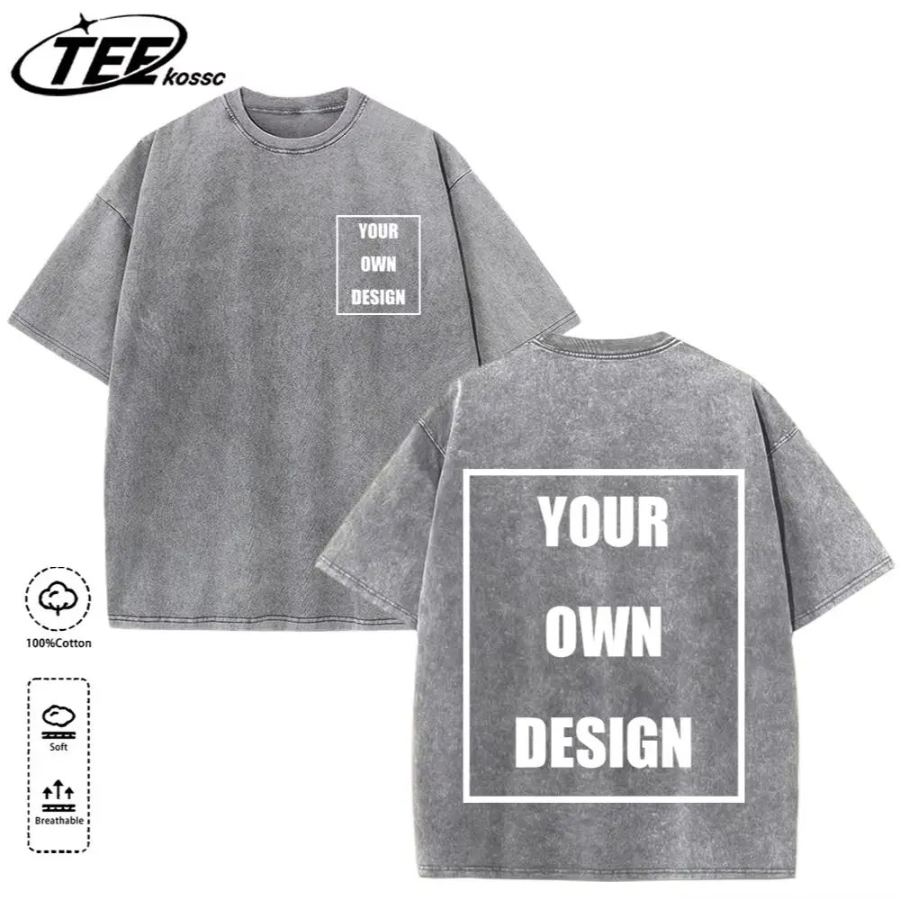 Custom Your Logo Print Summer Cool Snow Wash T-Shirt Cotton Casual Loose Short Sleeve Fashion Retro Tee Soft Couple Streetwear