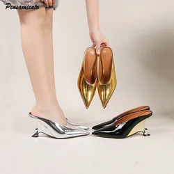 2024 New Design Fashion  Platform Wedges High Heels Mule Women Slippers Concise Shallow Pointed Toe Party Dress Ladies Shoes