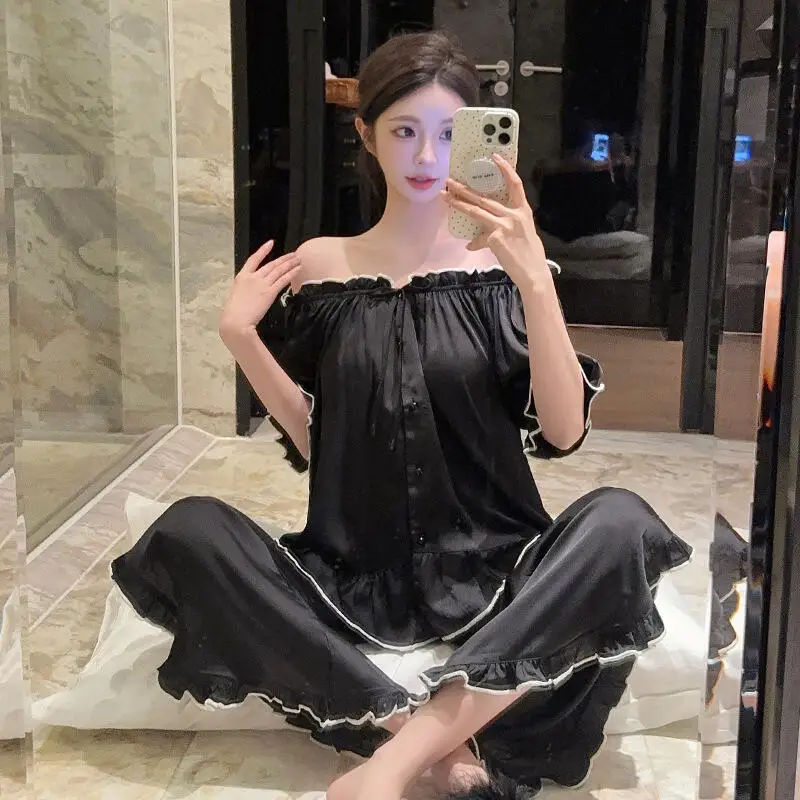 New Women's Short Sleeved Pants Home Clothes Set Spring/summer French Sweet One Shoulder Pajama Princess Style Two Piece Set