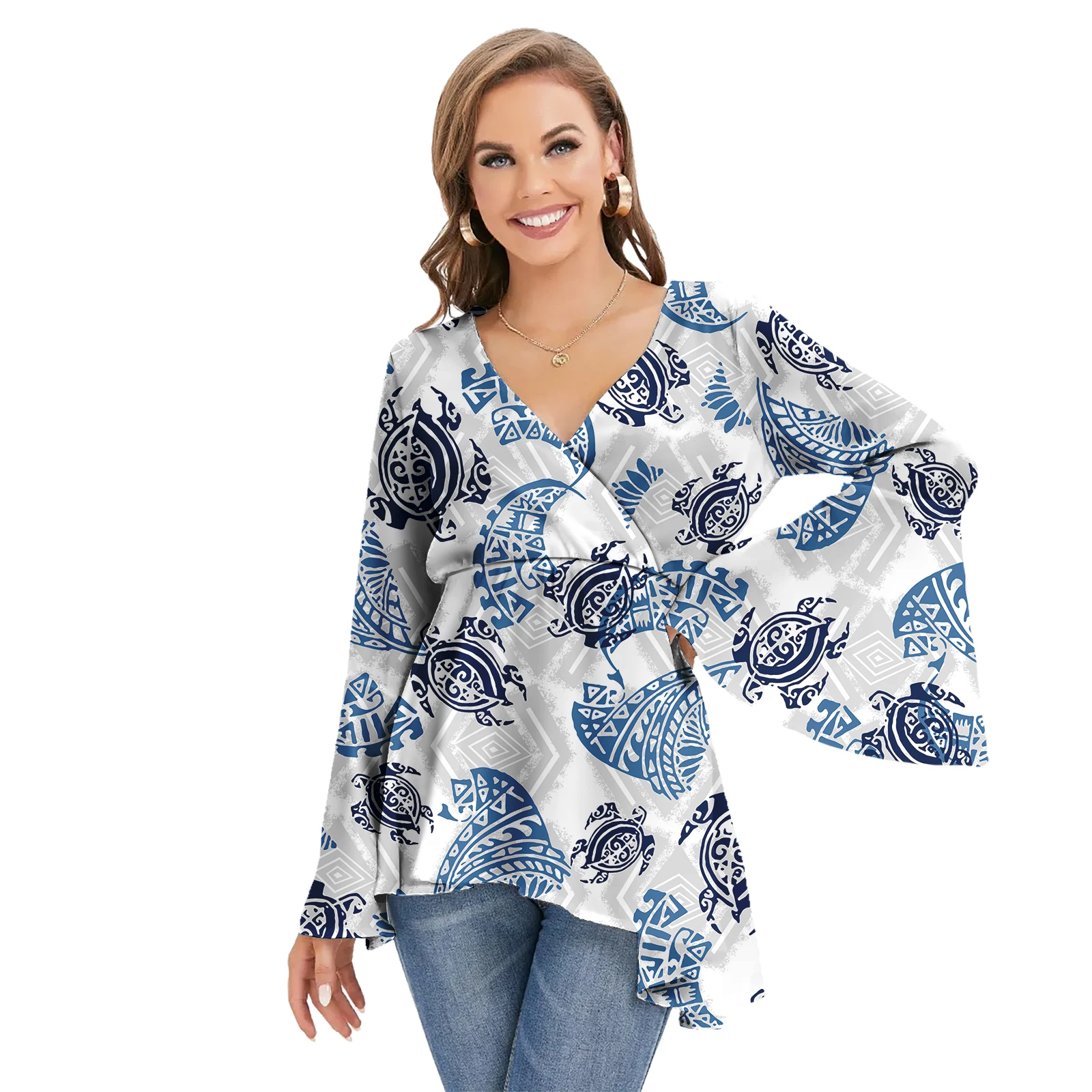 Samoan Fijian Design Blouses Flare Sleeve Ladies Blouses Casual Fashion Beach Island Women Tops Chiffon Shirt