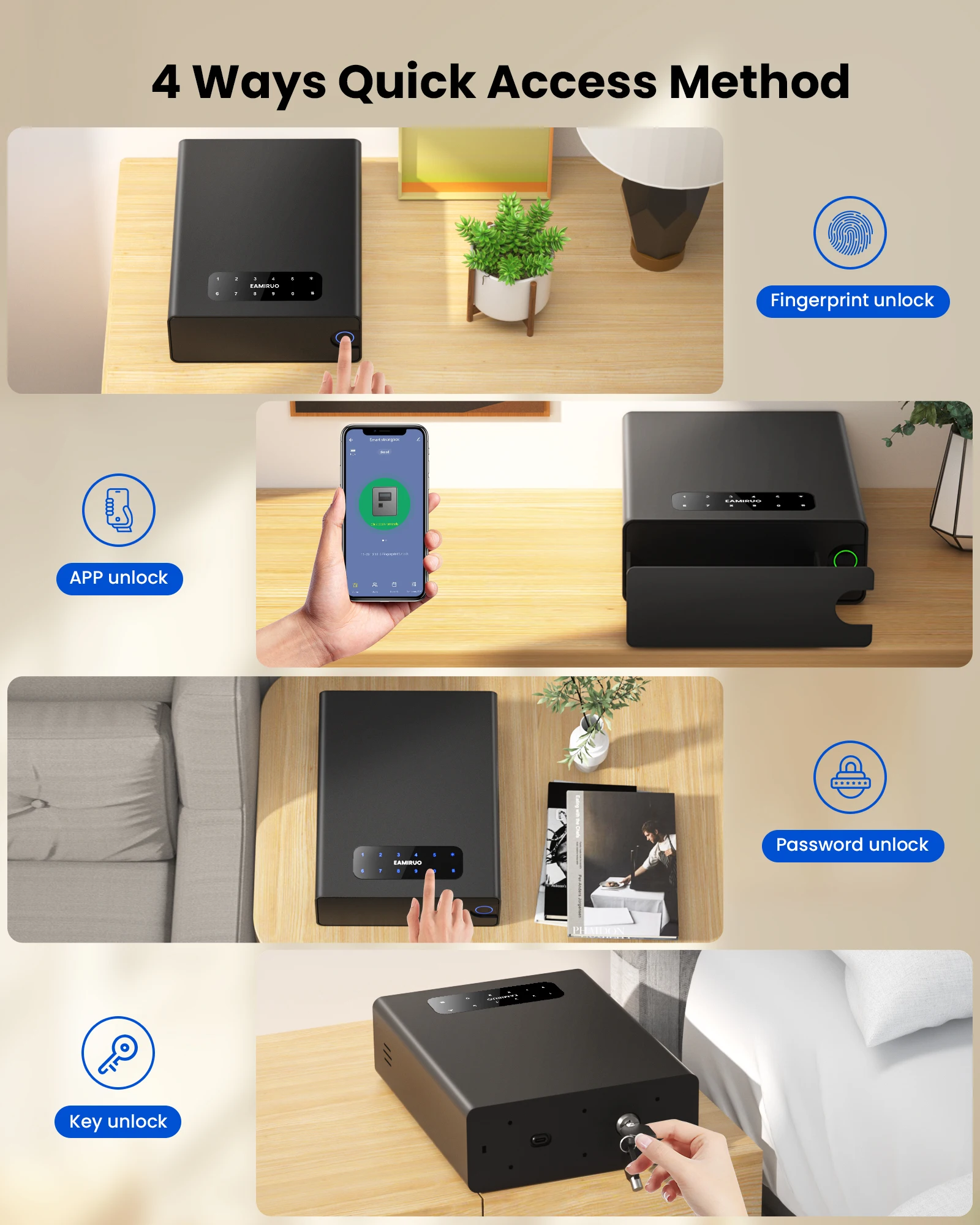 Small Pistol Safe with Fingerprint Keyboard Key Unlock App Sliding Gun Lock Box Bedside Table Bedside Biometric Safe