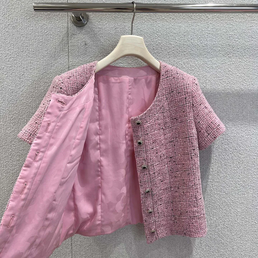 Luxury Vintage Pink Wool Blends Woven Tweed Coat Women O-neck Short Sleeve Single Breasted New Spring Sweet Short Jacket