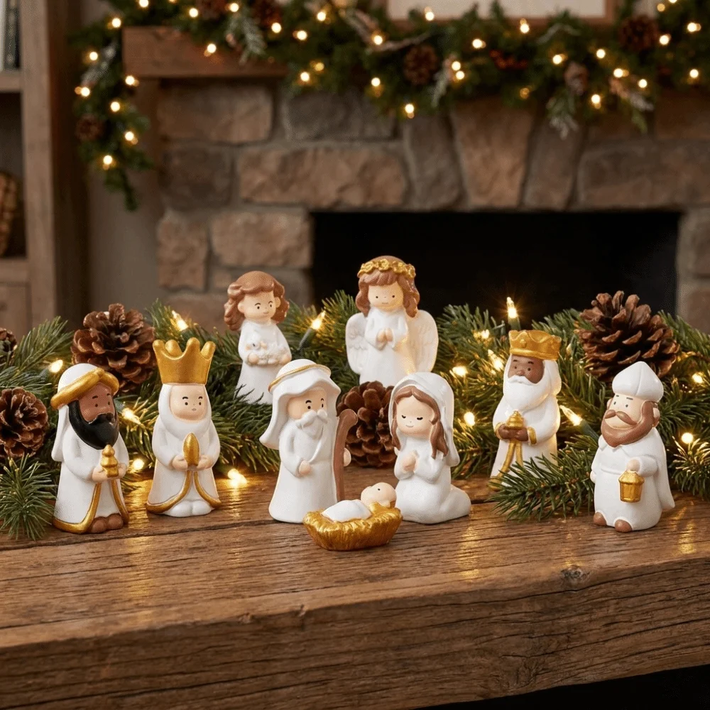 8PCS 3D Nativity Scene Figurine Set Resin Collectible Cartoon Angel Figurine Miniature Little Nun Figurine Mini Religious Statue