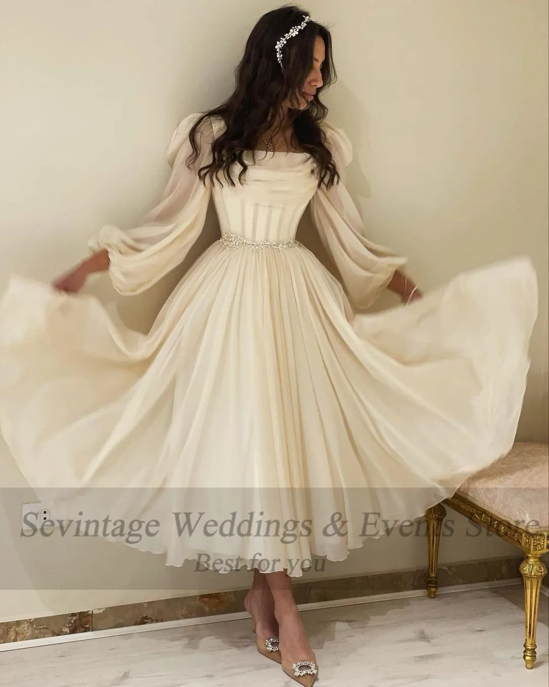 Sevintage Ivory Long Sleeve Chiffon Short Prom Dresses Pleats Fitted Bones Beaded Formal Party Women Gowns Dubai Evening Dress