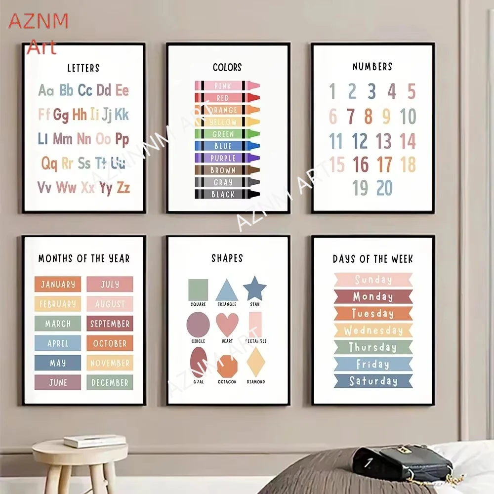 1 x bunte englische Zahlen-Alphabet-Leinwand-Kunstdrucke, pädagogische Wanddekoration für Poster im nordischen Stil im Klassenzimmer