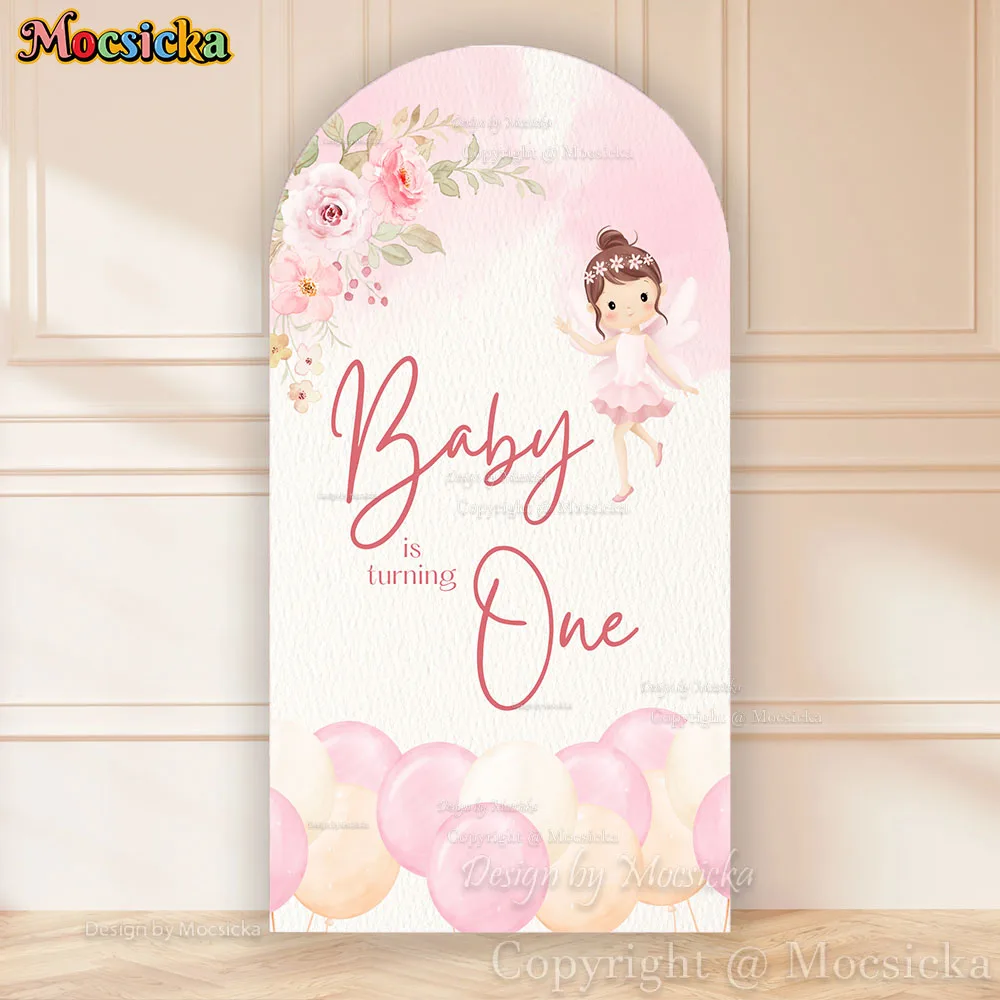 Mocsicka fada bebê está virando uma festa de aniversário arco pano de fundo rosa floral balão fundo recém-nascido personalizado 2 lados photobooth