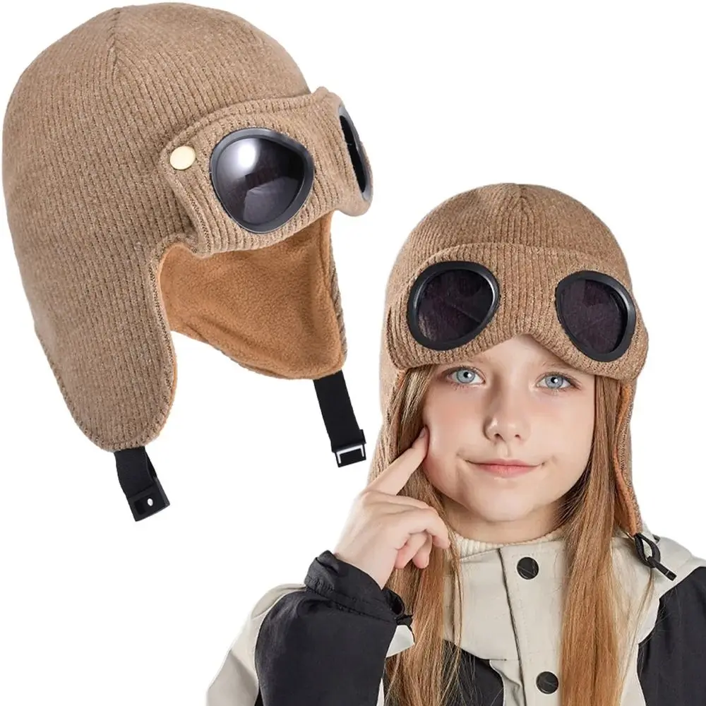 

Neck Protection Children Glasses Hat Ear Cap Buckle Warm Cap With Goggles Fleece Lining Comfortable To Wear Windproof Head Cover