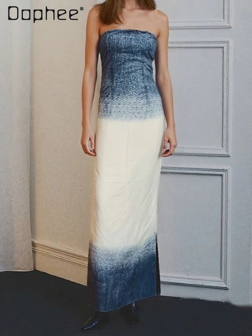 

Fashion American Sexy Gradual Change Contrasting Color Tube Top Denim Dress Summer New Spice Girl Y2K High Waist Slim Long Dress