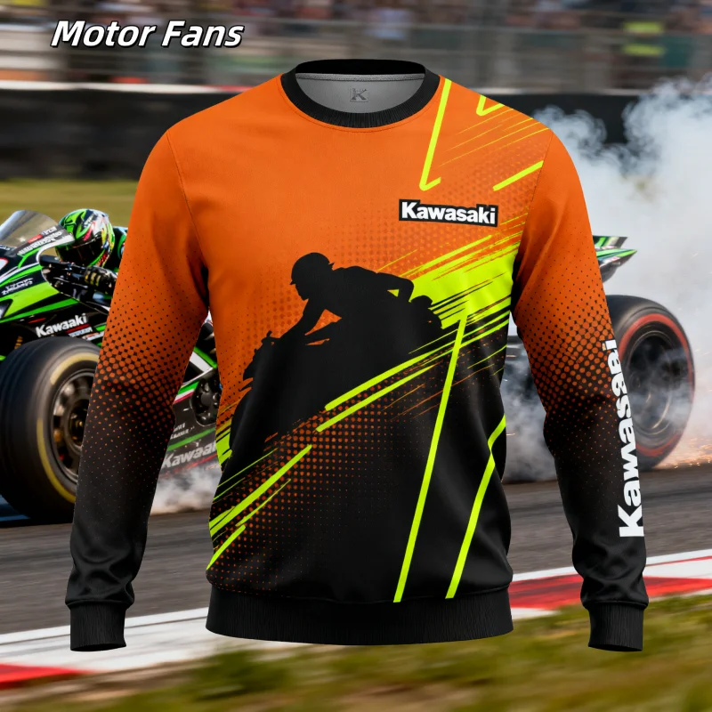 

Moto Fans Kawasaki Racing Team Long-Sleeve Sweatshirts with Brand Logo and Racing-Themed Patterns Quick Drying Downhill Shirts