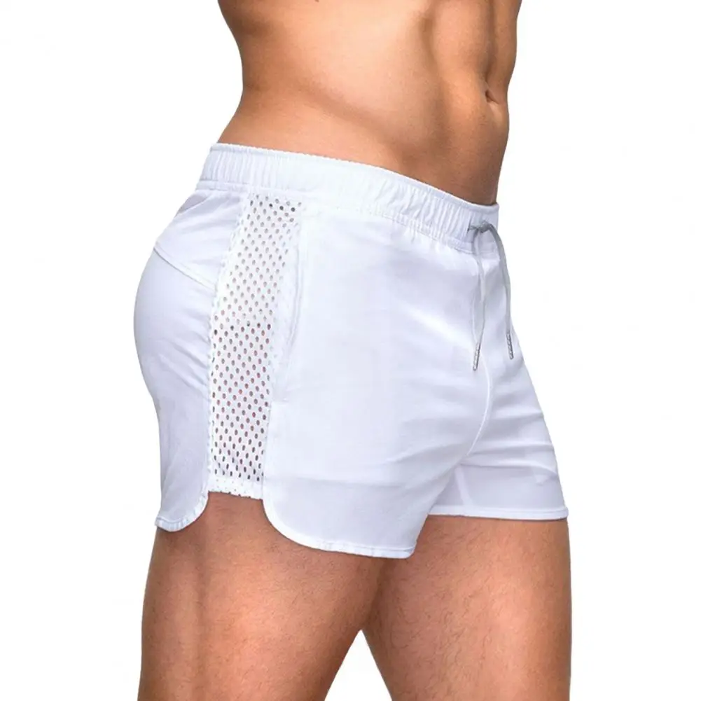 Shorts de praia de cordão de malha rápida masculina, elástico na cintura, cós, monocromático, surf, fitness, esporte, sólido