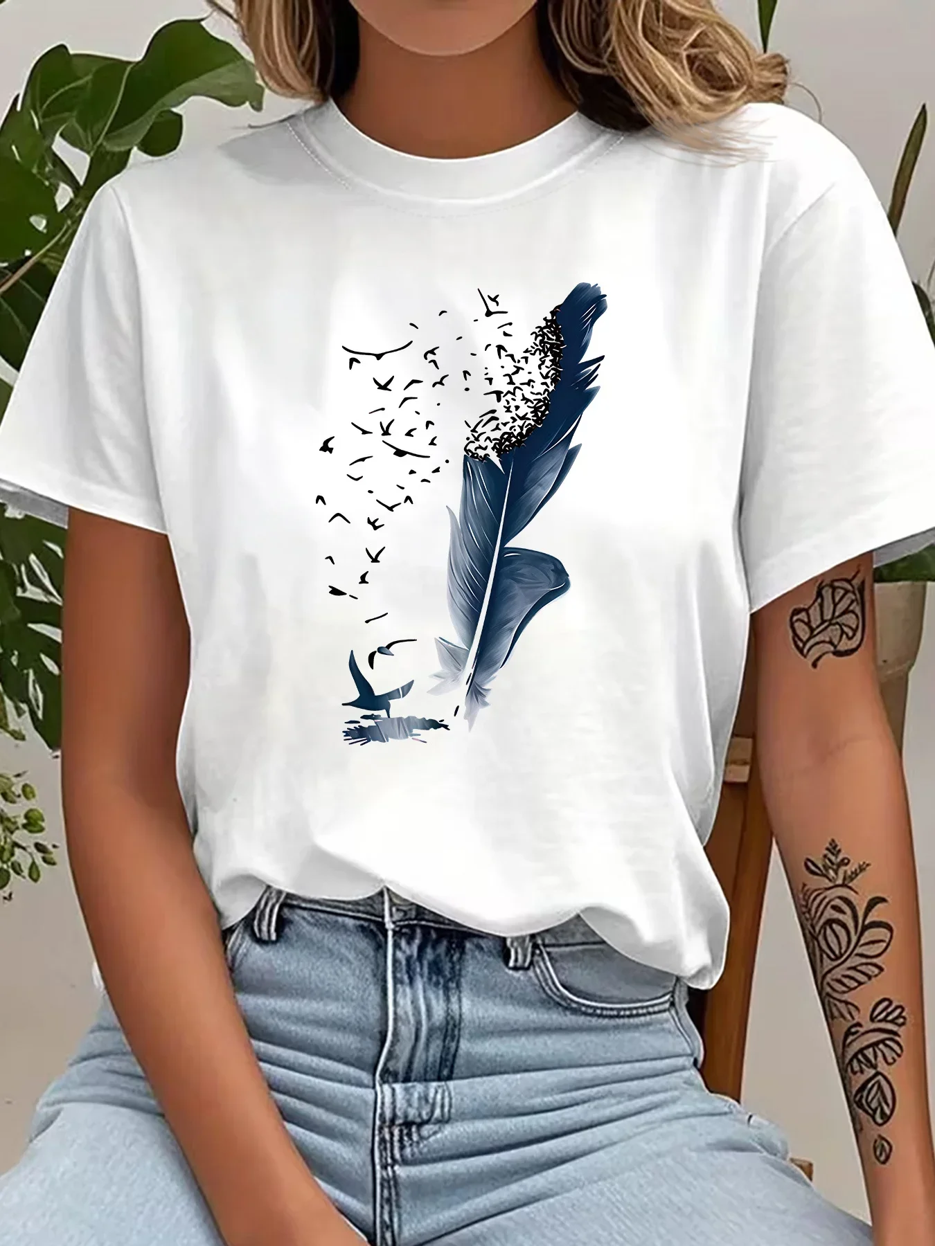 Cute Dark Feather Flying Birds Silhouette Abstract Art Print Graphic Ladies T Shirt Short Sleeve Crew Neck Casual Tee Tops Cheap