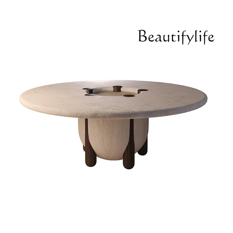 N44  Nordic light luxury high-end travertine dining table natural marble round table minimalist personality designer