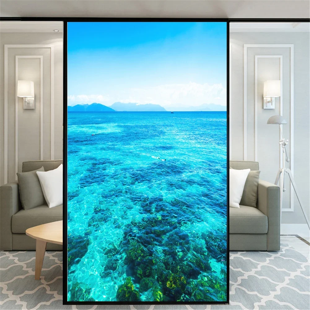 Static Cling Privacy Window Film   Decorative Seaside Scenery Window Treatments Window Coverings Glass Sticker for Home 38