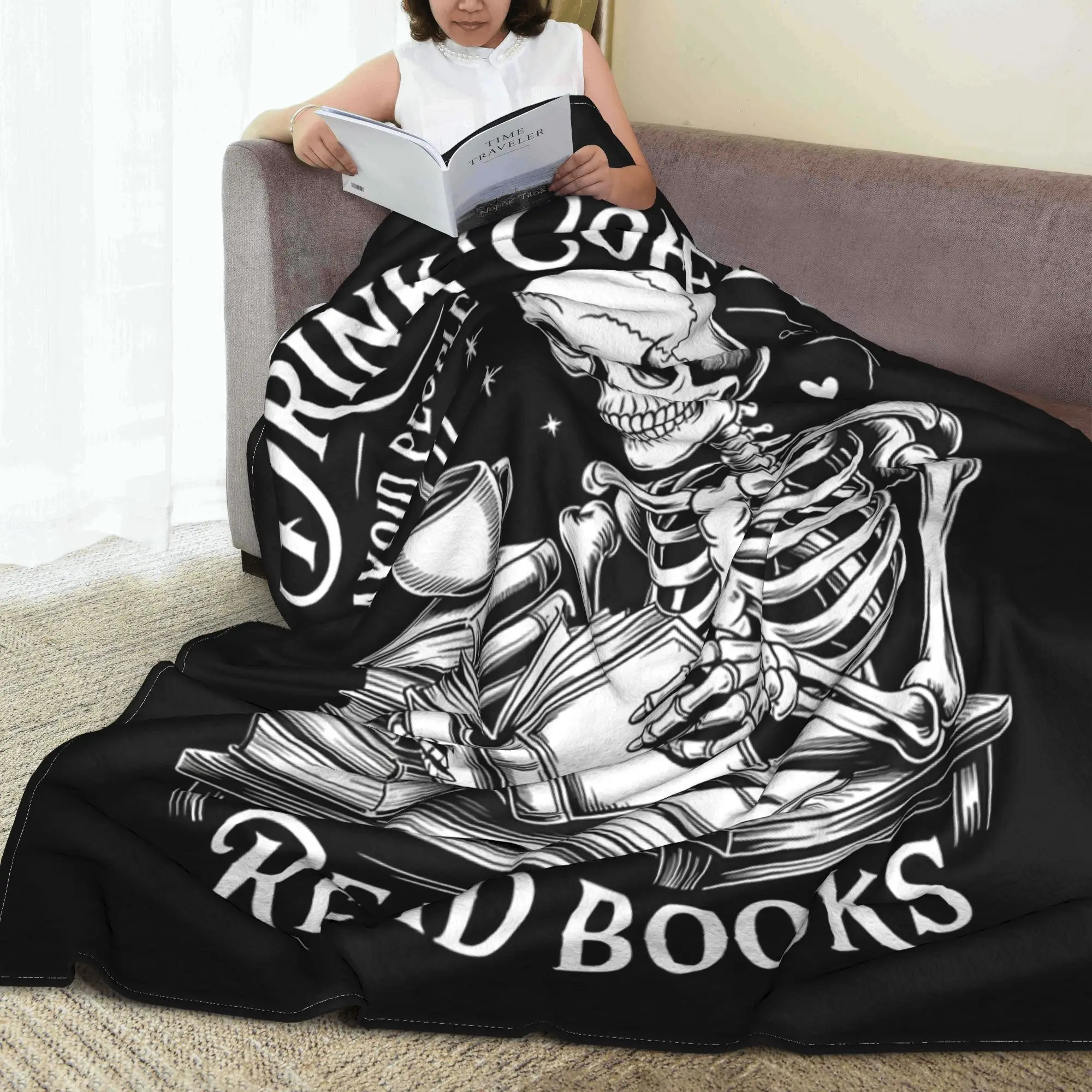 Drink Coffee Avoid People Read Books Halloween Skeleton Blanket Lightweight Flannel Sofa Throw Blanket for Couch Bedding Office
