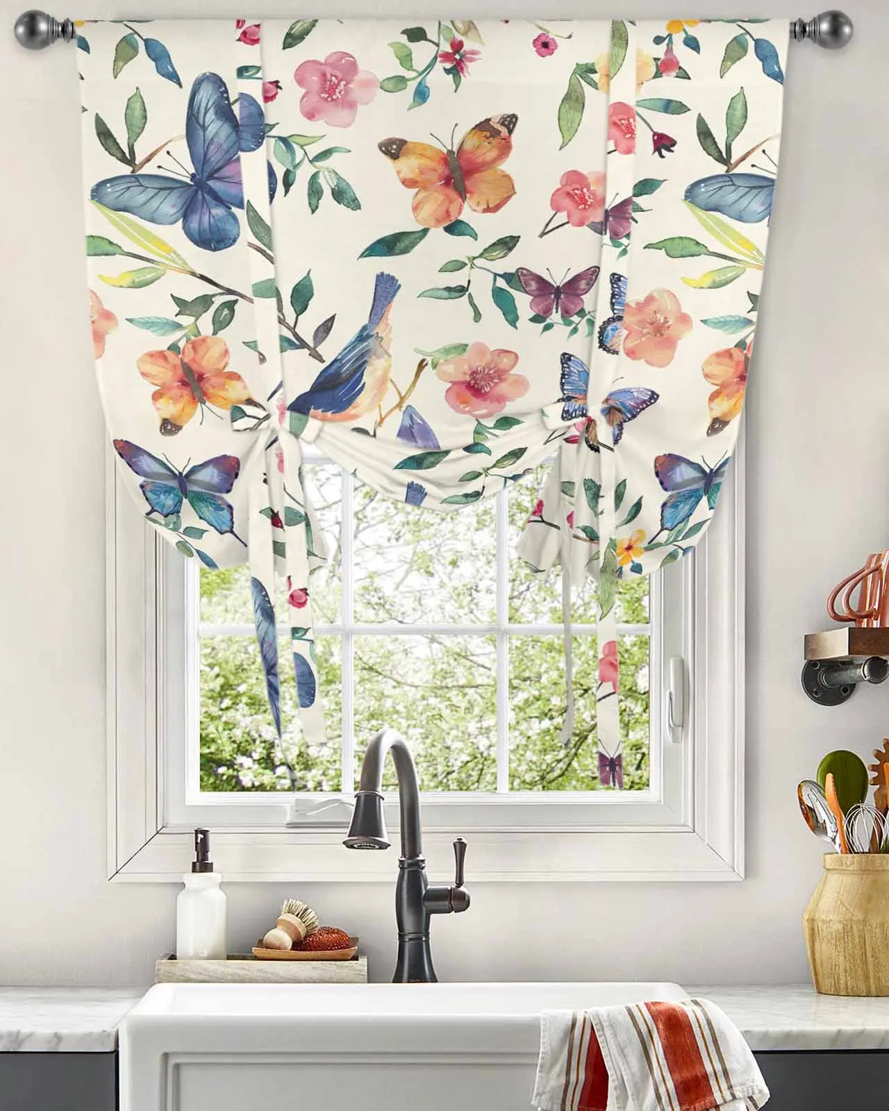 

Flowers Birds Watercolors Leaves Window Curtain for Living Room Home Decor Blinds Drapes Kitchen Tie-up Short Curtains