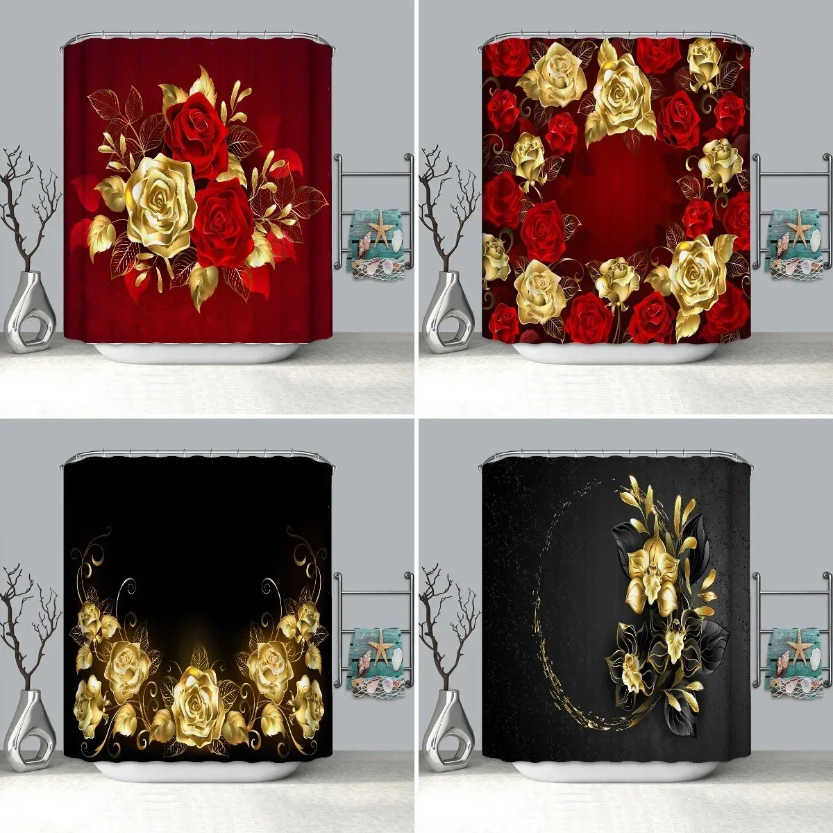 Shiny Red Golden Rose Waterproof Shower Curtain,Home Bathroom Curtain Christmas Decor Fabric Floral Bath Curtain with 12 Hooks