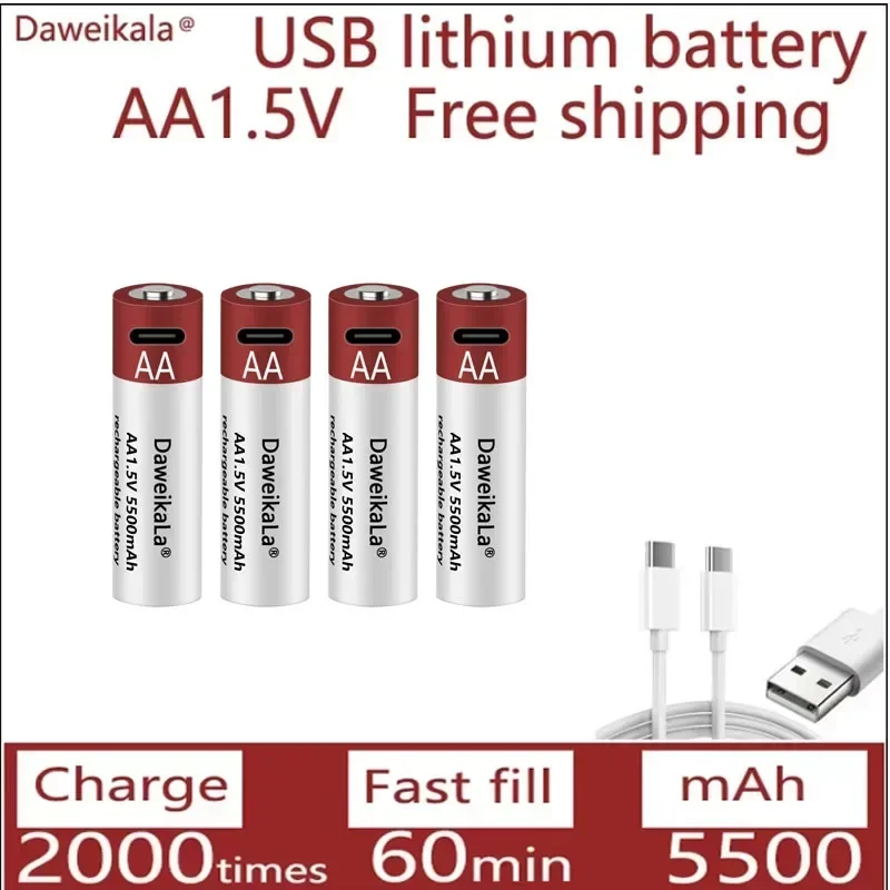 Nueva batería de iones de litio recargable AA USB 1,5 V AA 5500mAh/batería de iones de litio reloj de juguete reproductor MP3 termómetro teclado