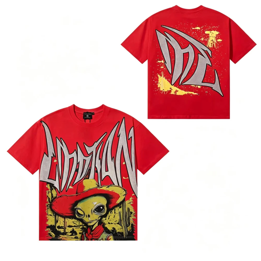 2026 Summer Vintage Oversized T‑Shirt For Adults Y2K Alien Cartoon Graffiti Double Sided Theme Art Loose Short Sleeve Street Tee